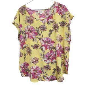 Love J Womens Yellow Floral Blouse Top Size 2X Round Neck Short Sleeve Popover